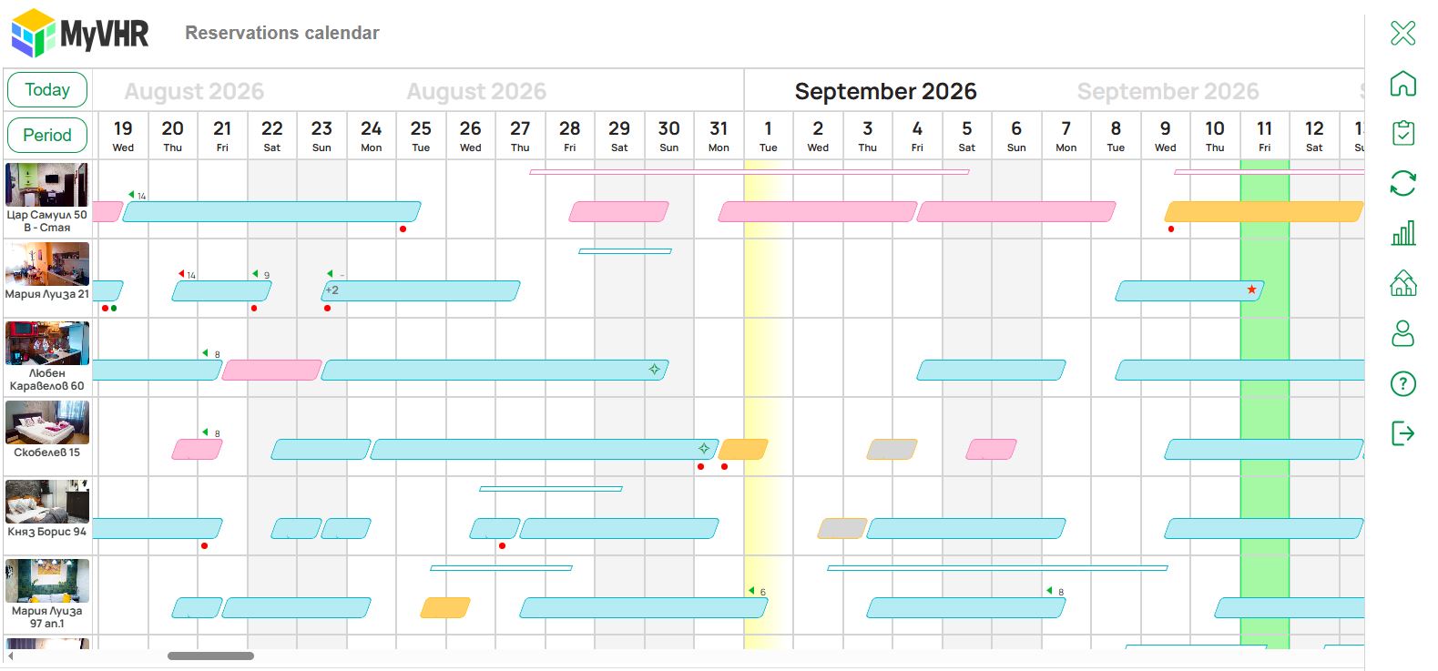 MyVHR multi-property reservations calendar on desktop